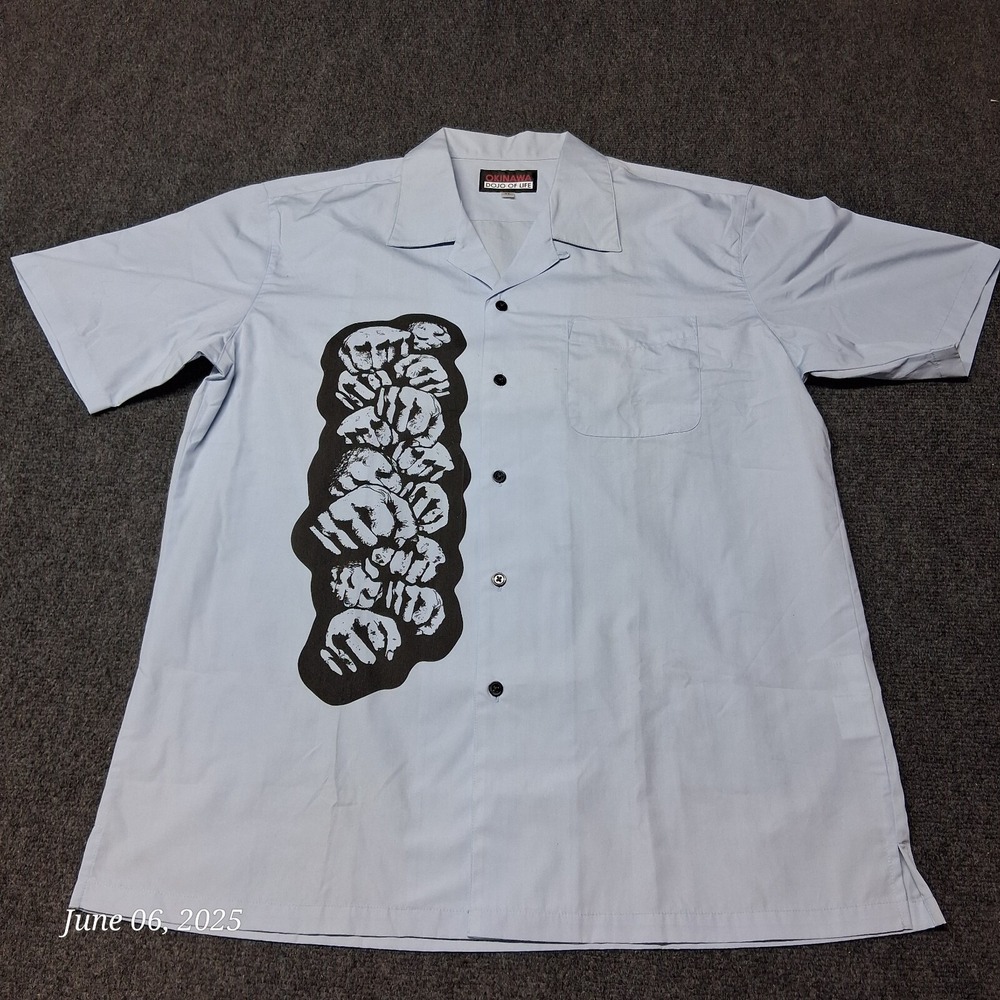 Okinawa‎ Dojo of Life Button Up Spread Collar Shirt Size XL Blue Graphic Print